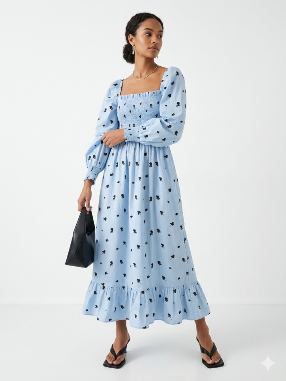 NWT CRĀS Faficras Organic Cotton Smocked Midi Dress - Rose Bell Blue - Size 36